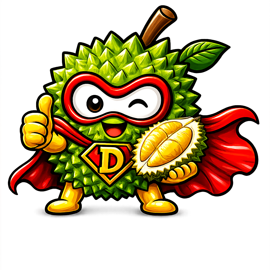 Durian Superman mascot saying thank you
