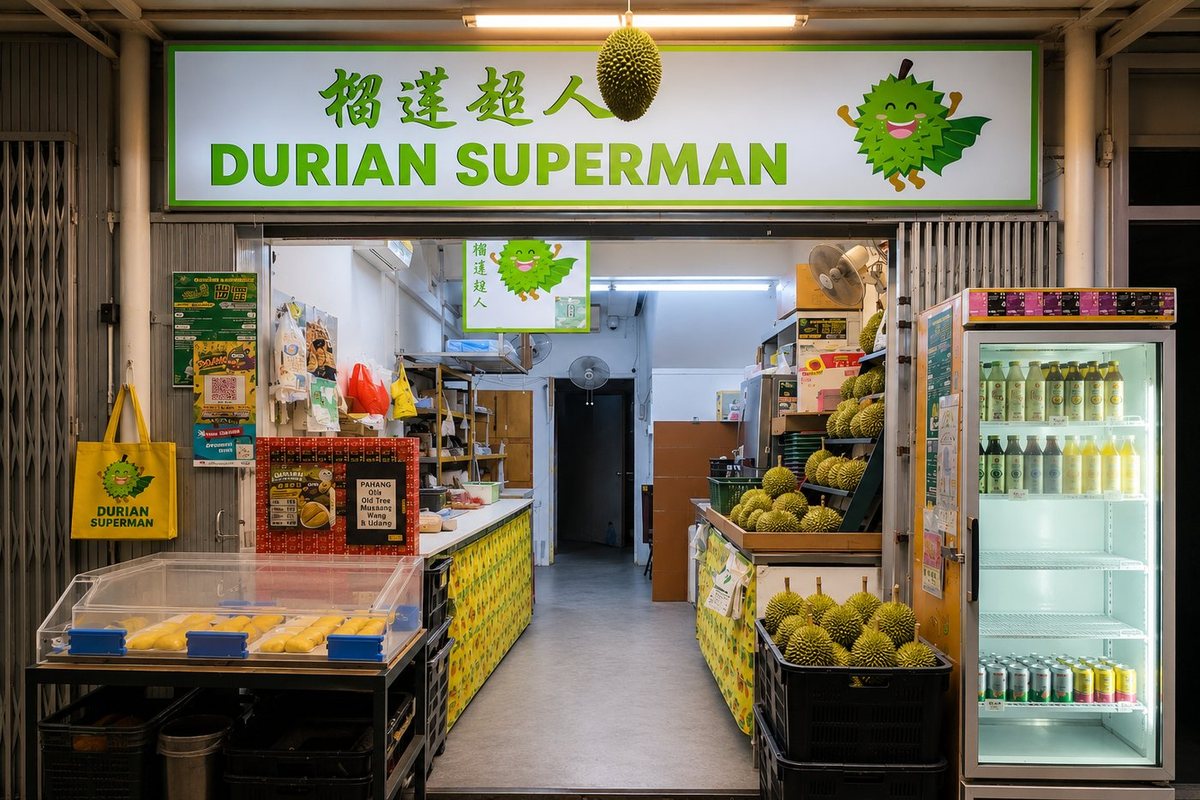 The Durian Superman stall at 92 Lorong 4 Toa Payoh, with durians stacked out front
